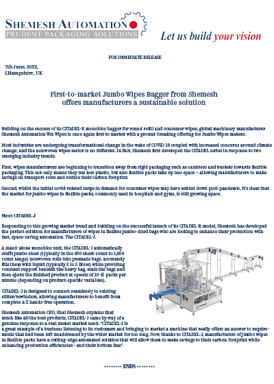 CITADEL J Complete Monobloc Jumbo wipes bagger Press Release