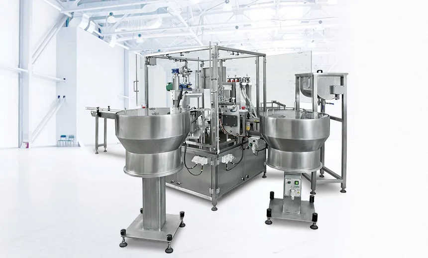SAMBAX Monoblock Fill And Cap Machine For Vials – Auto Feed, Fill, Cap & Over-cap With QC For Small And Medium Sized Containers And Vials.