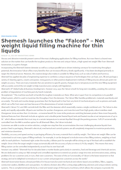 Shemesh Launches Falcon - Article in Innovations in Food