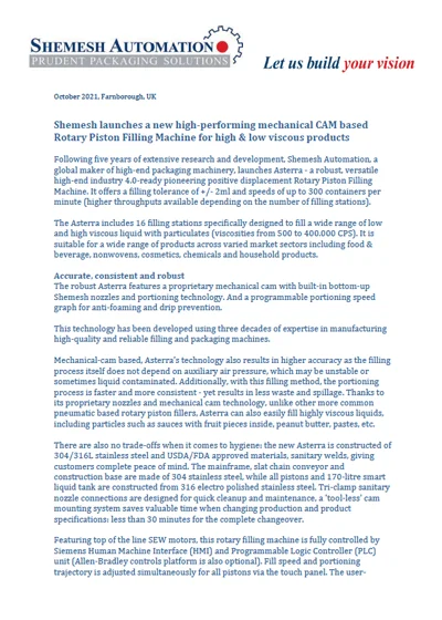 ASTERRA Mechanical Cam rotary Piston FiIller Launches